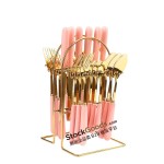 Ensemble de 25 couverts suspendus plaqués or, couteaux fourchettes cuillères en acier inoxydable avec poignées en céramique colorée